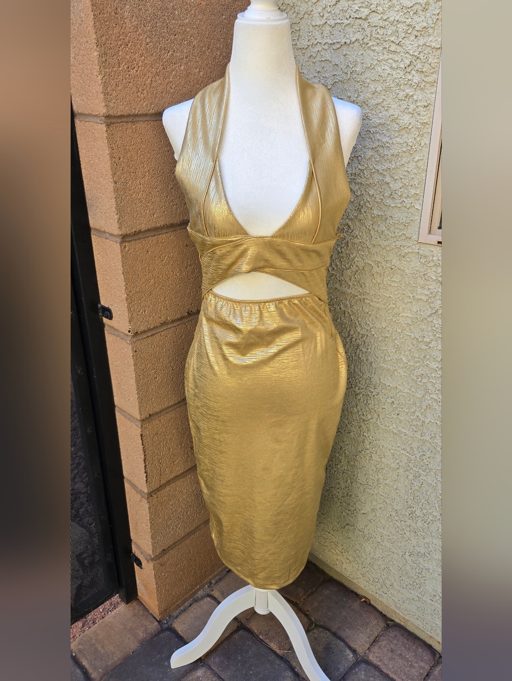 CBR Gold Cutout Halter Bodycon Dress